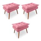 Kit 3 Puffs Opala Pés Palito Veludo Rosa - Kimi Design