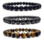 Kit 3 pulseiras pedra olho de tigre ônix hematita