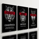 Kit 3 Quadro Decorativo Frases Motivacionais Escritório Leão 28x20cm