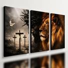 Kit 3 Quadro Decorativo Jesus Leão Judá Cruz Cristã Gospel Qualidade Premium Moderno 28x20cm