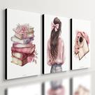 Kit 3 Quadro Decorativo Menina Jovem Estudos Rosa Quarto 28x20cm