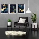 Kit 3 Quadros Abstratos Flores Azul Com Dourado 33x24cm - com vidro