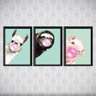 Kit 3 Quadros Animais Chicletes Turquesa 33X24 Moldura Preta