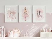 Kit 3 Quadros Bailarina Sapatilha Laço Flores Rosa Quarto Menina Decoração