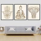 Kit 3 Quadros Buda Zen, Hamsa, Elefante 33x24cm - com vidro Kit 3 Quadros Buda Zen, Hamsa, Elefante 33x24cm - com vidro