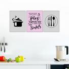 Kit 3 Quadros Cozinha Tempere A Vida Rosa Panela e Talher 20x30cm Decorativo Cantinho Gourmet
