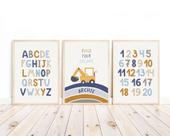 Kit 3 Quadros Decorativos Alfabeto Números Retroescavadeira Azul Quarto Menino Decoração