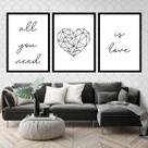 Kit 3 Quadros Decorativos All You Need Is Love Coração 45x34cm