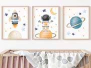 Kit 3 Quadros Decorativos Astronauta Foguete Planeta Azul Quarto Menino Decoração