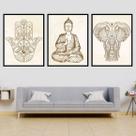 Kit 3 Quadros Decorativos Buda Zen, Hamsa, Elefante 45x34cm
