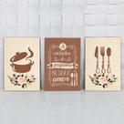 Kit 3 Quadros Decorativos Cozinha Panela e Talheres Marrom 20x30cm Copa Cantinho Gourmet