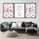 Kit 3 Quadros Decorativos Fé Amor Triângulos Salmon 45x34cm