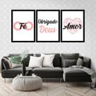 Kit 3 Quadros Decorativos Fé, Obrigado Deus e Amor 45x34cm