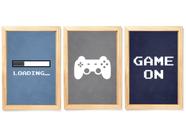 Kit 3 Quadros Decorativos Game On Video Game vidro moldura