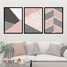 Kit 3 Quadros Decorativos Geométrico Rosa/Preto/Cinza 45x34cm