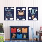 Kit 3 Quadros Decorativos infantil Urso voador nome personalizado 20x28