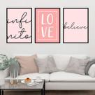Kit 3 Quadros Decorativos Infinito, Love, Believe Rosa 45x34cm