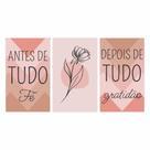 Kit 3 quadros decorativos placa 50x30cm frase Fé e Gratidão