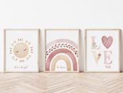 Kit 3 Quadros Decorativos Sol Arco Íris Love Boho Quarto Decoração