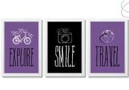 Kit 3 Quadros Decorativos - Viagem Explore Travel Smile