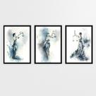 Kit 3 Quadros Deusa Da Justiça Aquarela Azul 45x34cm