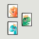 Kit 3 Quadros Dinossaurinhos Fofos 24x18cm - com vidro