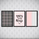 Kit 3 Quadros Enjoy Rosa E Cinza 33x24cm - com vidro