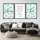 Kit 3 Quadros Fé Amor Triângulos Turquesa 24x18cm - com vidro