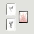 Kit 3 Quadros Flamingo e Alce Geométrico 24x18cm - com vidro