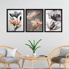 Kit 3 Quadros Florais Nuances Cinza e Laranja 24x18cm - com vidro