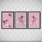 Kit 3 Quadros Flores Rosas Tinta 24x18cm