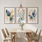Kit 3 Quadros Folhagem Azul Dourado Aquarela com Moldura Cor da Moldura:Preta