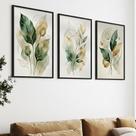 Kit 3 Quadros Folhagem Verde Dourado Aquarela com Moldura