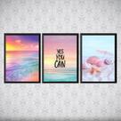 Kit 3 Quadros Frase Praia Motivacional 24x18cm - com vidro