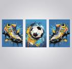 Kit 3 Quadros Futebol Bola Chuteira Azul Sala Quarto 28x40cm
