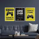 Kit 3 Quadros Gamer Zone Amarelo e Preto 33x24cm - com vidro Kit 3 Quadros Gamer Zone Amarelo e Preto 33x24cm - com vidro
