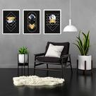 Kit 3 Quadros Geométricos Preto Dourado Mármore 45x34cm - com vidro