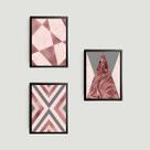 Kit 3 Quadros Geométricos Rosados 33x24cm - com vidro Kit 3 Quadros Geométricos Rosados 33x24cm - com vidro