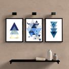 Kit 3 Quadros Geométricos Triângulos Azuis 45x34cm