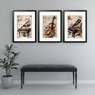 Kit 3 Quadros Grandes Instrumentos Clássicos Flores - 60x48cm