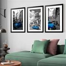 Kit 3 Quadros Grandes Old Car Blue 60x48cm