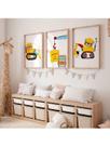 Kit 3 Quadros Infantil Construção Urso Operários Guindaste Frase Escavadeira Quartos