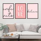 Kit 3 Quadros Infinito, Love, Believe Rosa 33X24Cm Preta