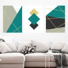 Kit 3 Quadros Linhas Douradas - Turquesa 24x18cm - com vidro