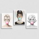 Kit 3 Quadros Marilyn, Audrey E Bridgit Chiclete 45X34Cm