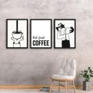 Kit 3 Quadros Minimalistas Café - First Coffee 33x24cm - com vidro
