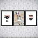 Kit 3 Quadros Moda Fashion Flores Corações 45x34cm - com vidro