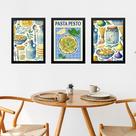 Kit 3 Quadros Para Cozinha Azul - Pasta Pesto 45x34cm - com vidro