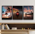 Kit 3 Quadros Para Sala Por Do Sol NaPraia 33x24cm
