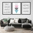 Kit 3 Quadros Paz, Amor, União e Alegria 33x24cm - com vidro